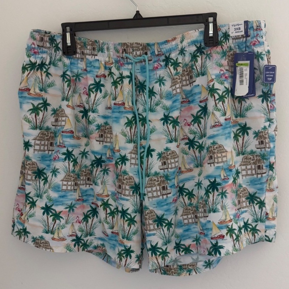 NWT Caribbean Joe Mens Multicolor Tropical Flamingo Beach Shorts Swim Trunks 3XB